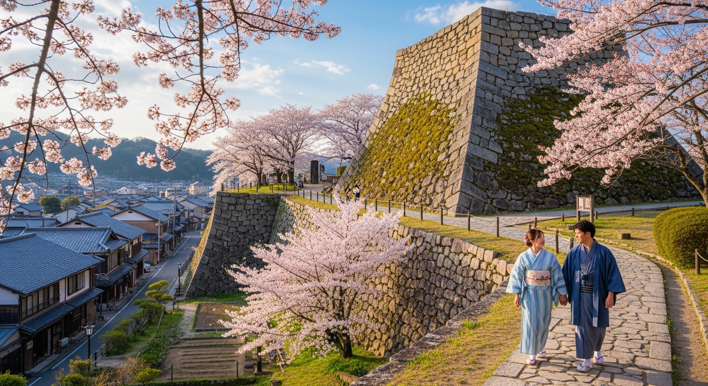 松阪城跡と武家屋敷を歩くカップルの、松阪観光の見どころをイメージした画像