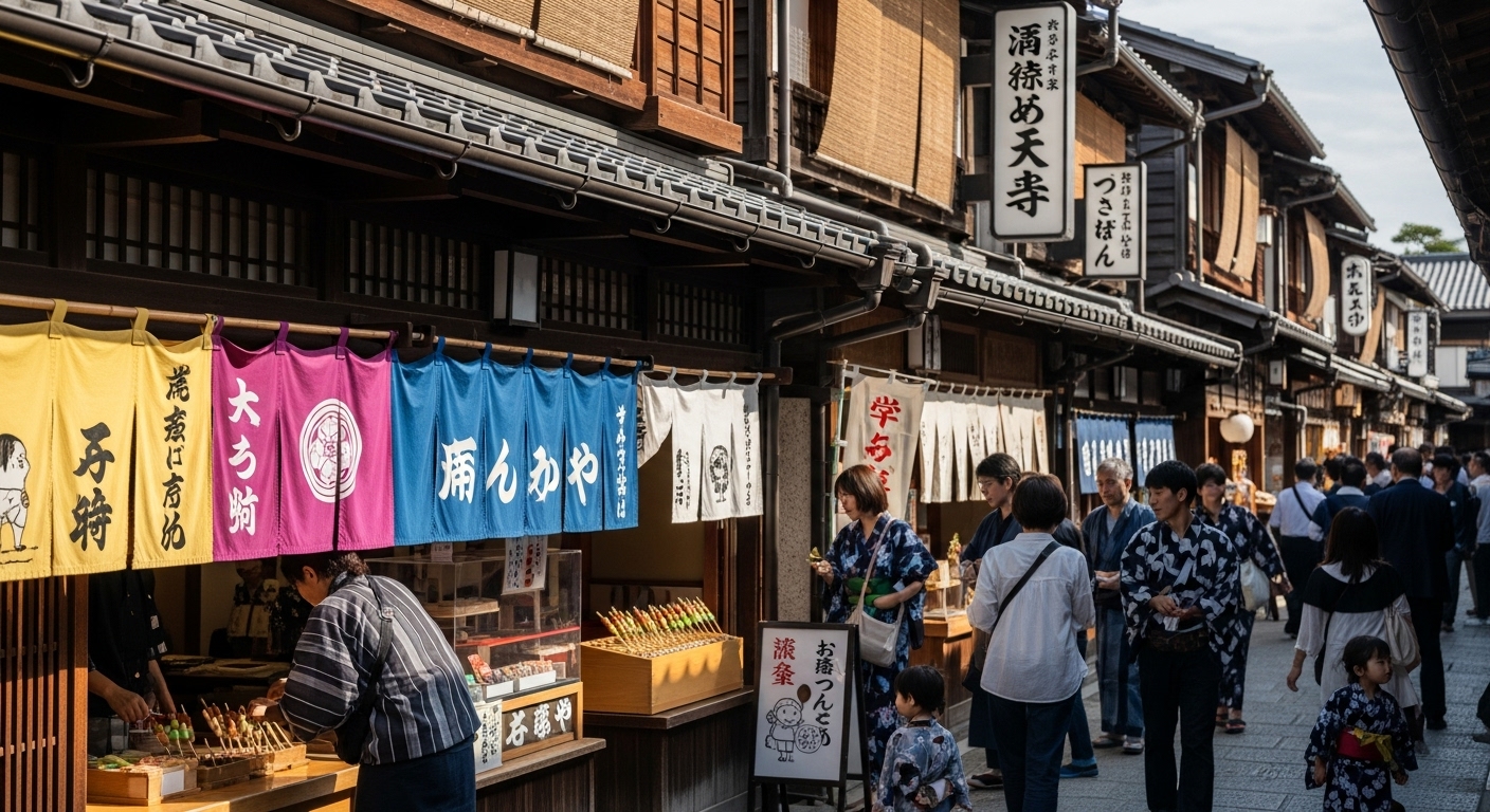江戸情緒あふれる街並みで食べ歩きを楽しむ人々の、おかげ横丁の見どころをイメージした画像