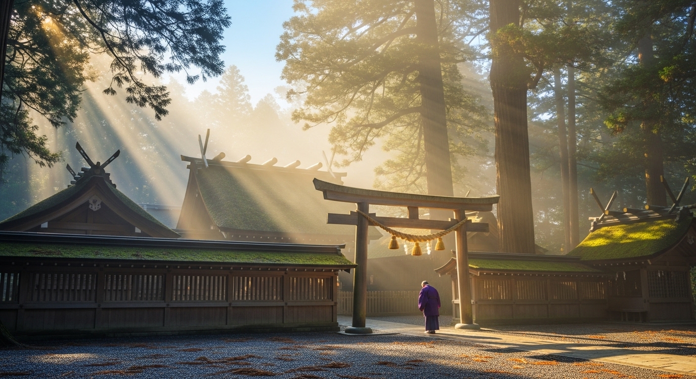 厳かな朝の光が差し込む内宮正宮で、パワースポット伊勢神宮の効果を静かに祈る参拝者