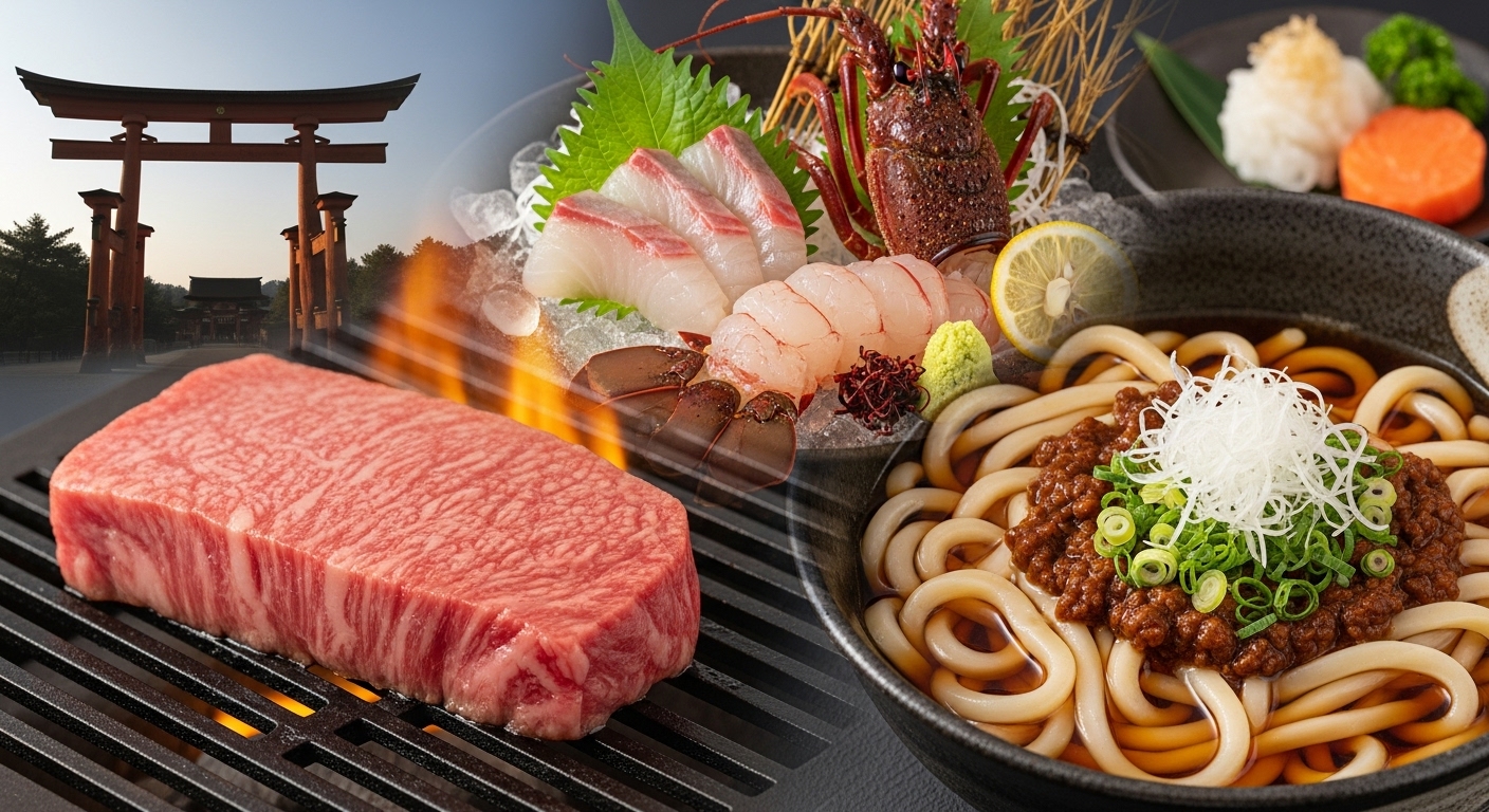 松阪牛や伊勢海老など豪華食材が並ぶ三重県のグルメ旅2泊3日を象徴するイメージ画像