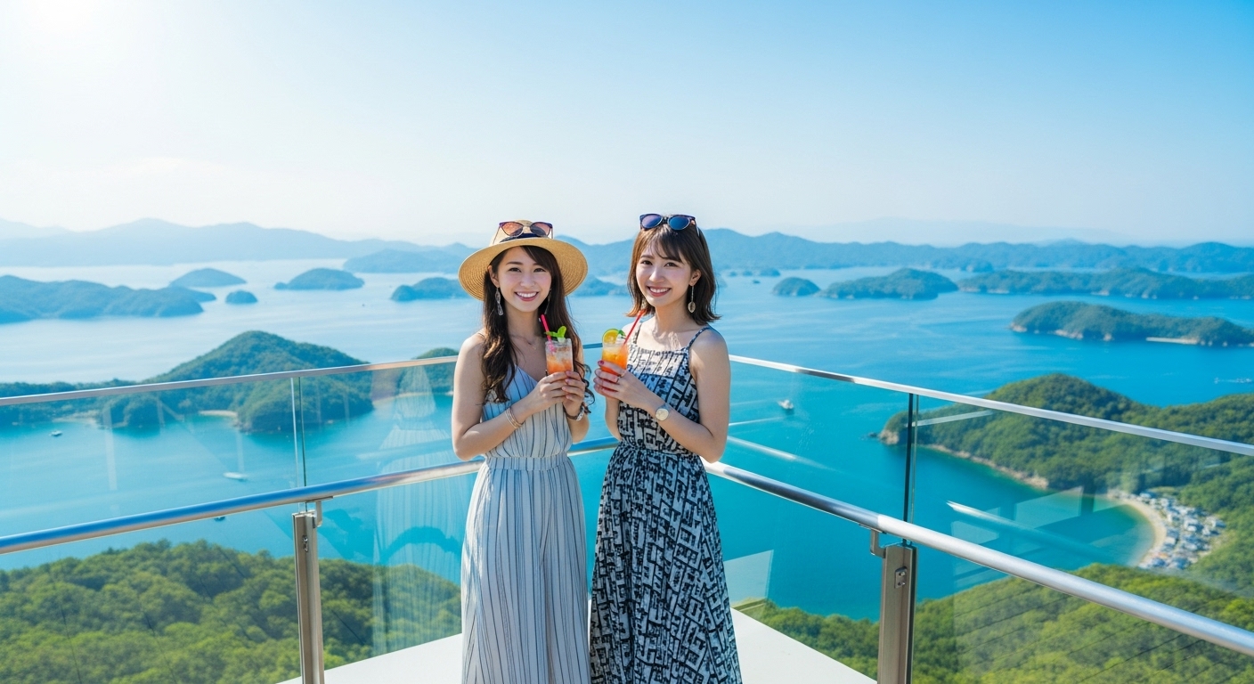 英虞湾の絶景をバックに笑顔で楽しむ伊勢志摩の女子旅観光のイメージ画像