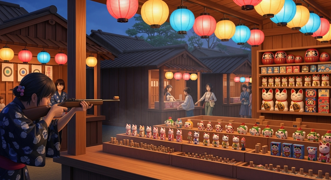 レトロな景品が並ぶ伊勢・おかげ横丁の射的を楽しむ様子