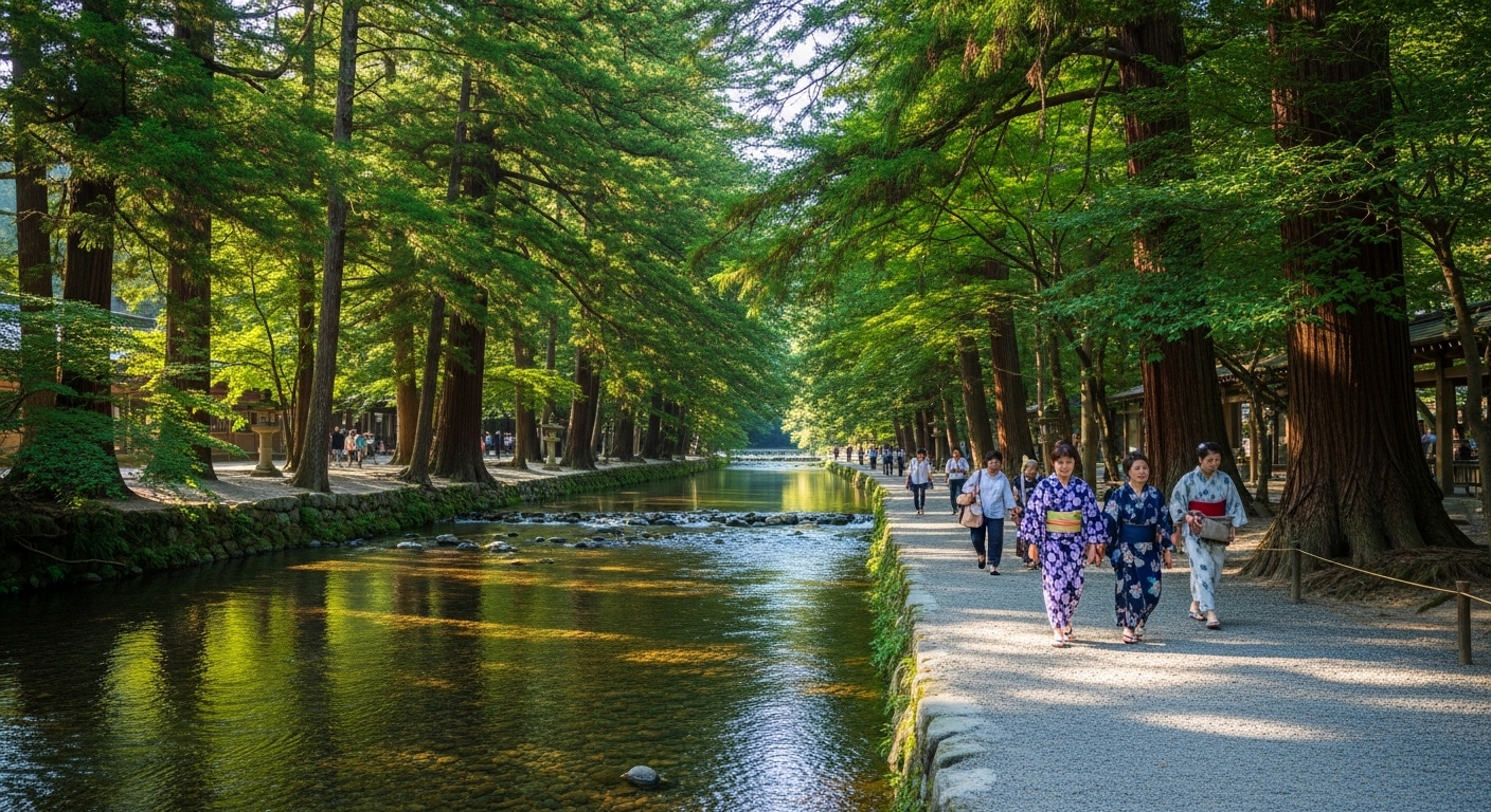 緑豊かな木々が涼を運ぶ夏の五十鈴川と伊勢神宮の夏の参拝注意点を意識した参拝風景