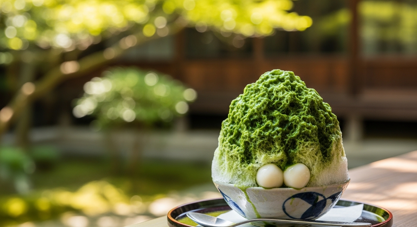 色鮮やかな抹茶シロップと白玉がのった三重のかき氷の人気メニュー