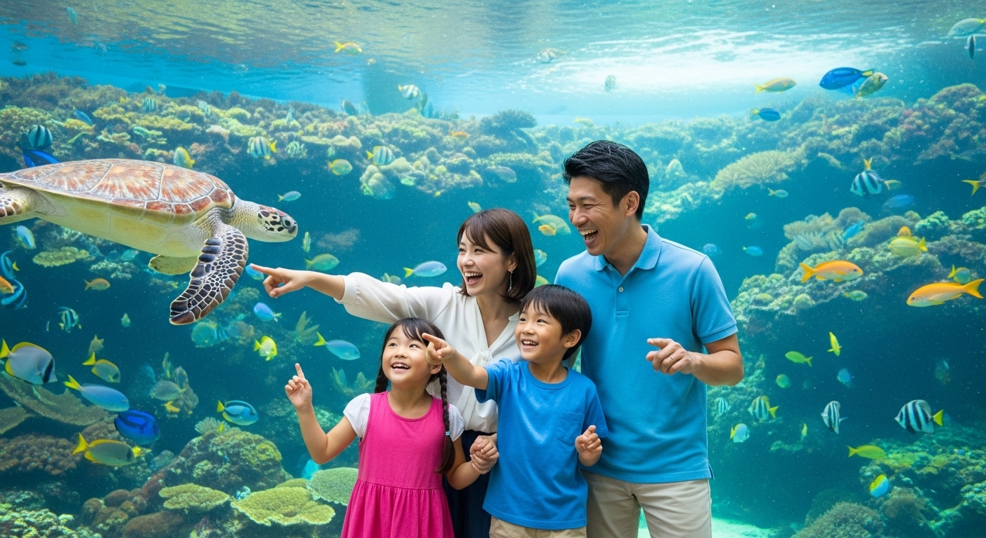 水族館で泳ぐ魚に大喜びする家族連れと三重の夏休み子連れスポットのイメージ