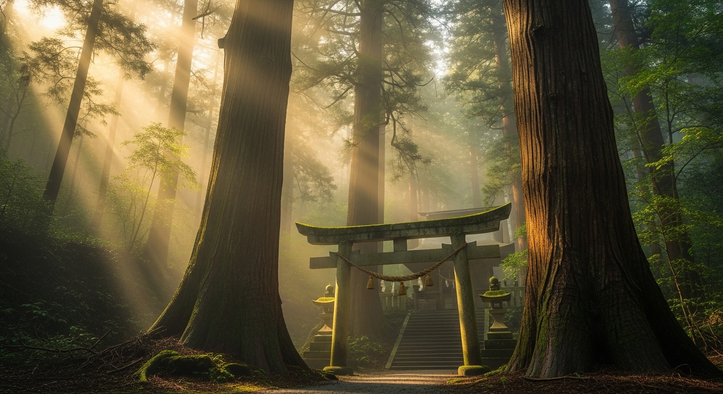 深い霧と木漏れ日に包まれた関西の神秘的な場所のイメージ