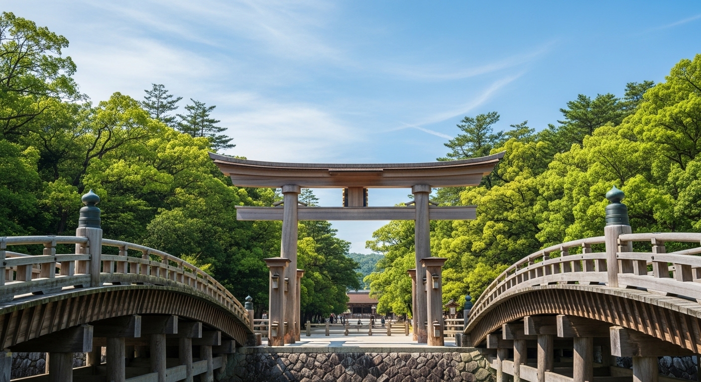 伊勢神宮の内宮入り口に立つ大きな鳥居と宇治橋が美しい伊勢神宮初心者の周り方ガイドのイメージ