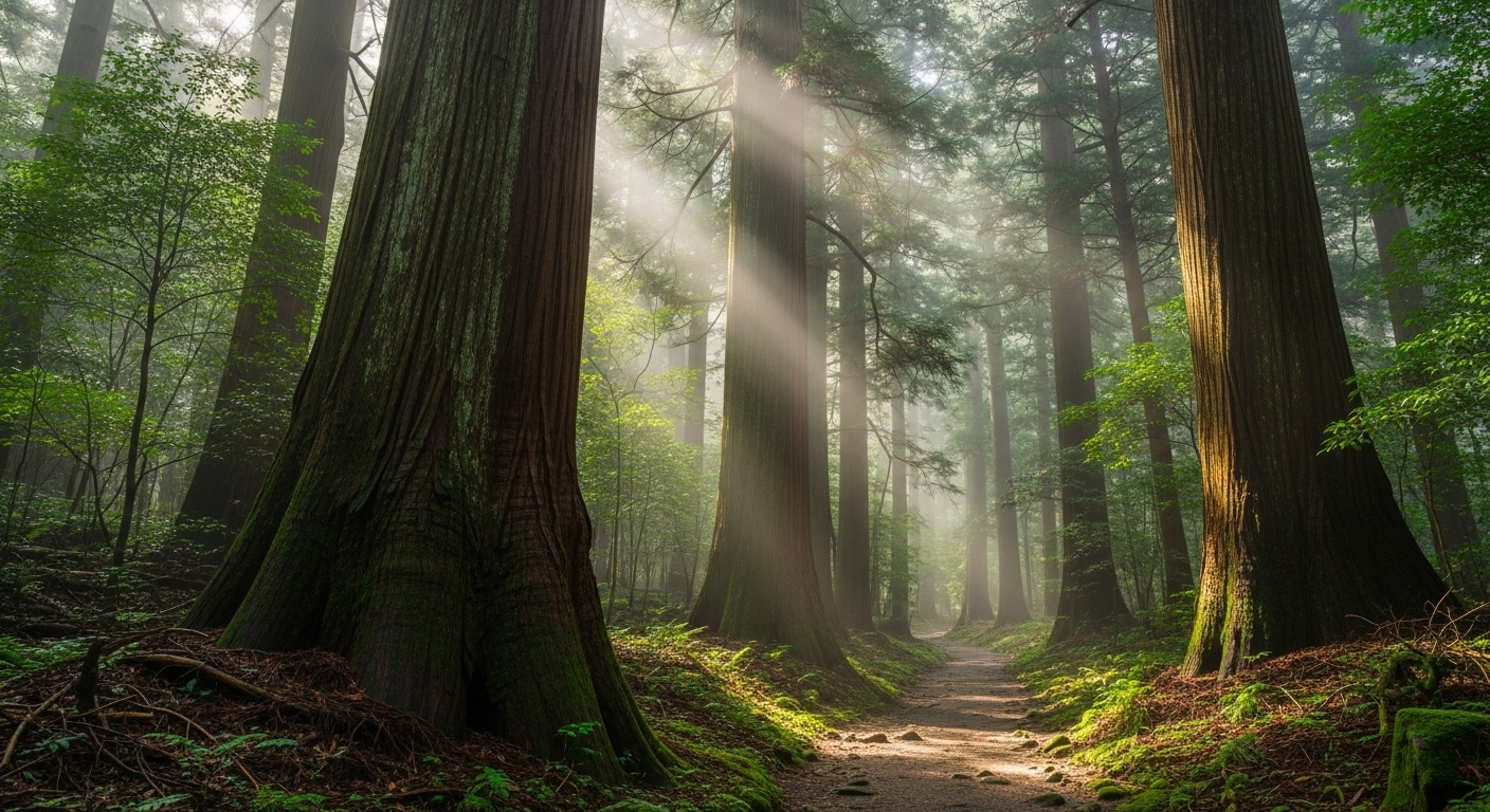 神々しい光が差し込む巨木に囲まれた伊勢神宮の森林散策の幻想的な風景