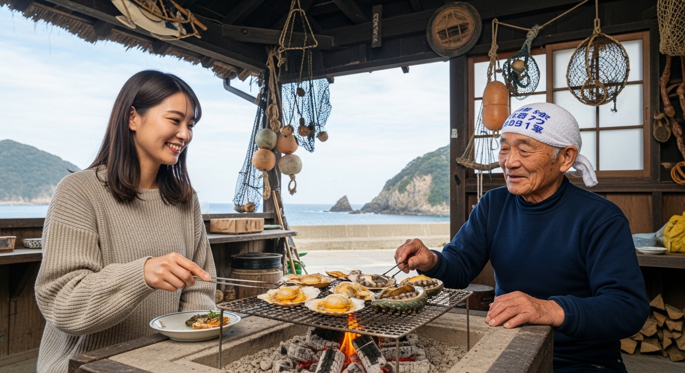 海女小屋での海鮮焼きや真珠取り出しなど、三重の文化を肌で感じる三重の体験型観光の様子