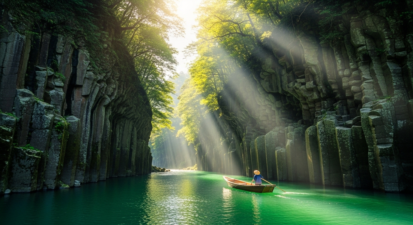 天孫降臨の舞台とされる高千穂峡の美しい絶景と日本神話ゆかりの地のイメージ