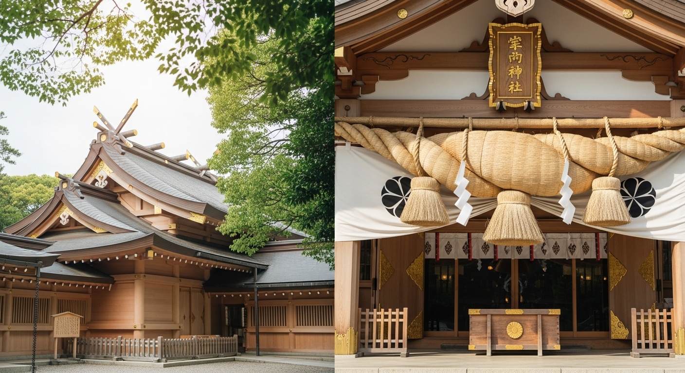 伊勢神宮の神明造と出雲大社の巨大な注連縄を並べた伊勢神宮と出雲大社の違いを象徴するイメージ