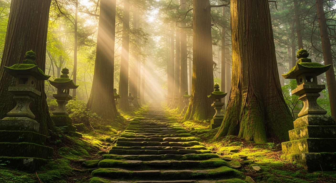 霧に包まれた幻想的な苔むす石畳。熊野古道のスピリチュアルな魅力を感じる聖なる森の景色。