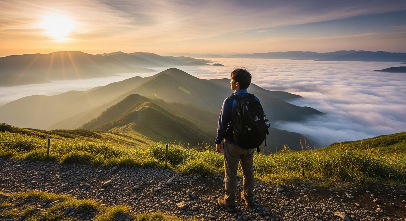 雲海を見下ろす峠で新しい自分に出会う旅人。**熊野古道で人生変わる？**という問いへの答えを探す巡礼。
