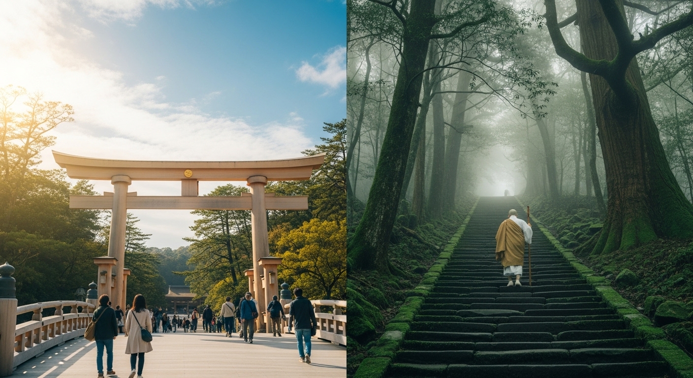 陽の光が差す伊勢神宮と霧深い熊野古道の対比。熊野と伊勢はどっちが強い？パワースポット比較を象徴する景色。