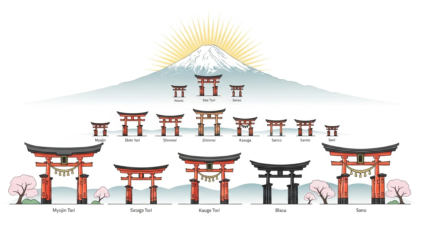歴史的な社格や制度を象徴する、様々な神社の鳥居が並ぶ風景。日本の神社格付けランキングを解説するイメージ