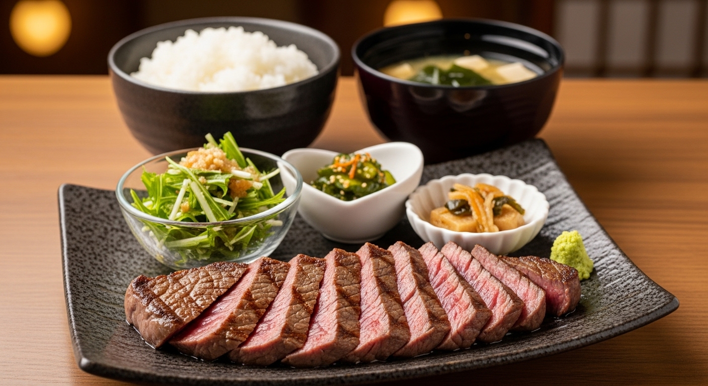 豪華な伊賀牛ランチで提供されるステーキ定食のイメージ。