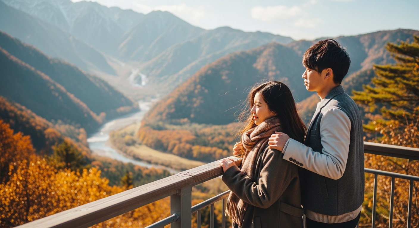 御在所岳の絶景を眺める二人。湯の山温泉のカップル向けガイドに最適なデート風景。