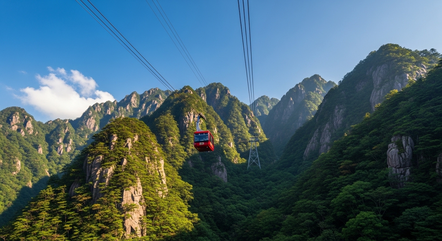 御在所ロープウエイと雄大な山並みが美しい菰野町の観光スポットの風景。