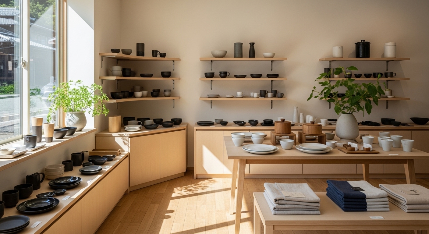 モダンな萬古焼や暮らしの道具が並ぶ、菰野町のおしゃれ雑貨店の店内風景。