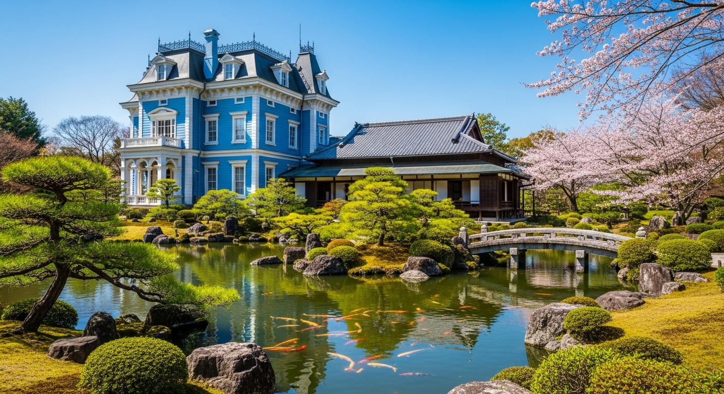 和洋折衷の建築美が美しい、三重県桑名市の六華苑の観光風景。