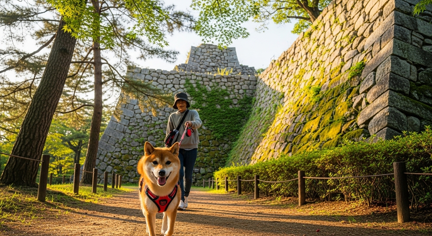 三重県松阪城跡の石垣を背景に、歴史情緒あふれる街で松阪の犬連れ観光を楽しむ愛犬。