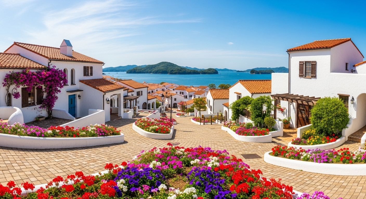 青空に映える白い街並みと英虞湾が美しい志摩地中海村の風景。「志摩地中海村はがっかり」は本当？の検証イメージ。