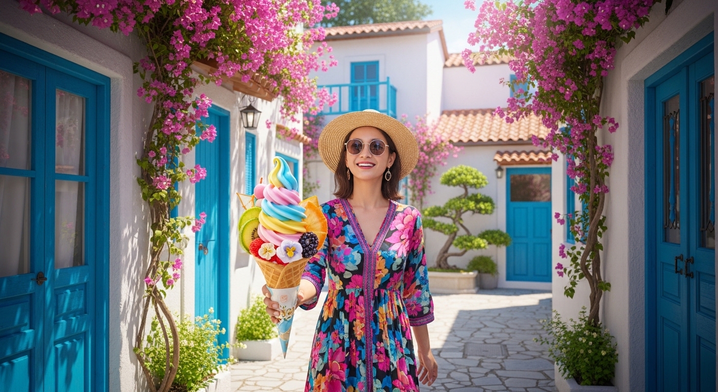 白い街並みをバックにカラフルなソフトクリームを手にする、志摩地中海村の食べ歩きイメージ。