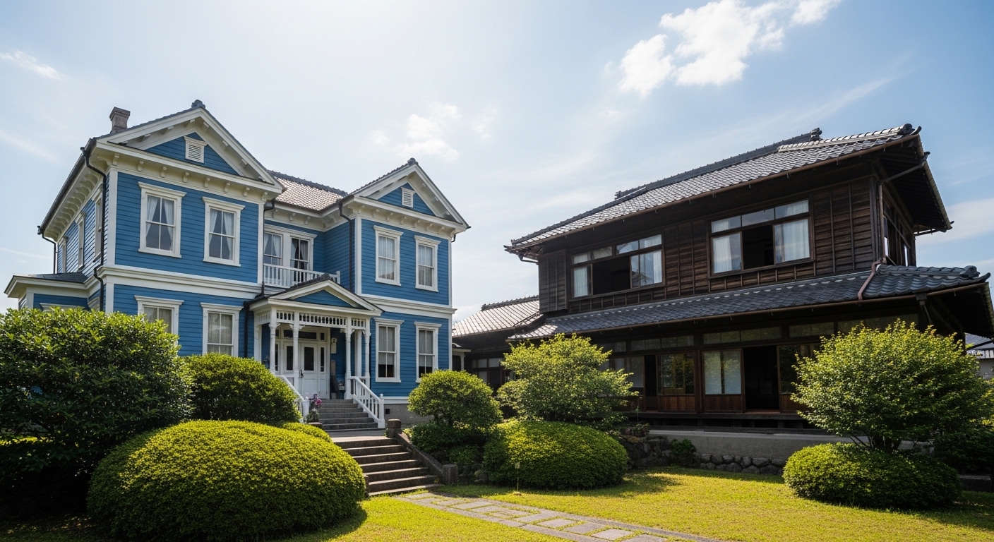 ジョサイア・コンドル設計の洋館と和館が並び立つ、桑名市の歴史的建築を象徴する六華苑の絶景。