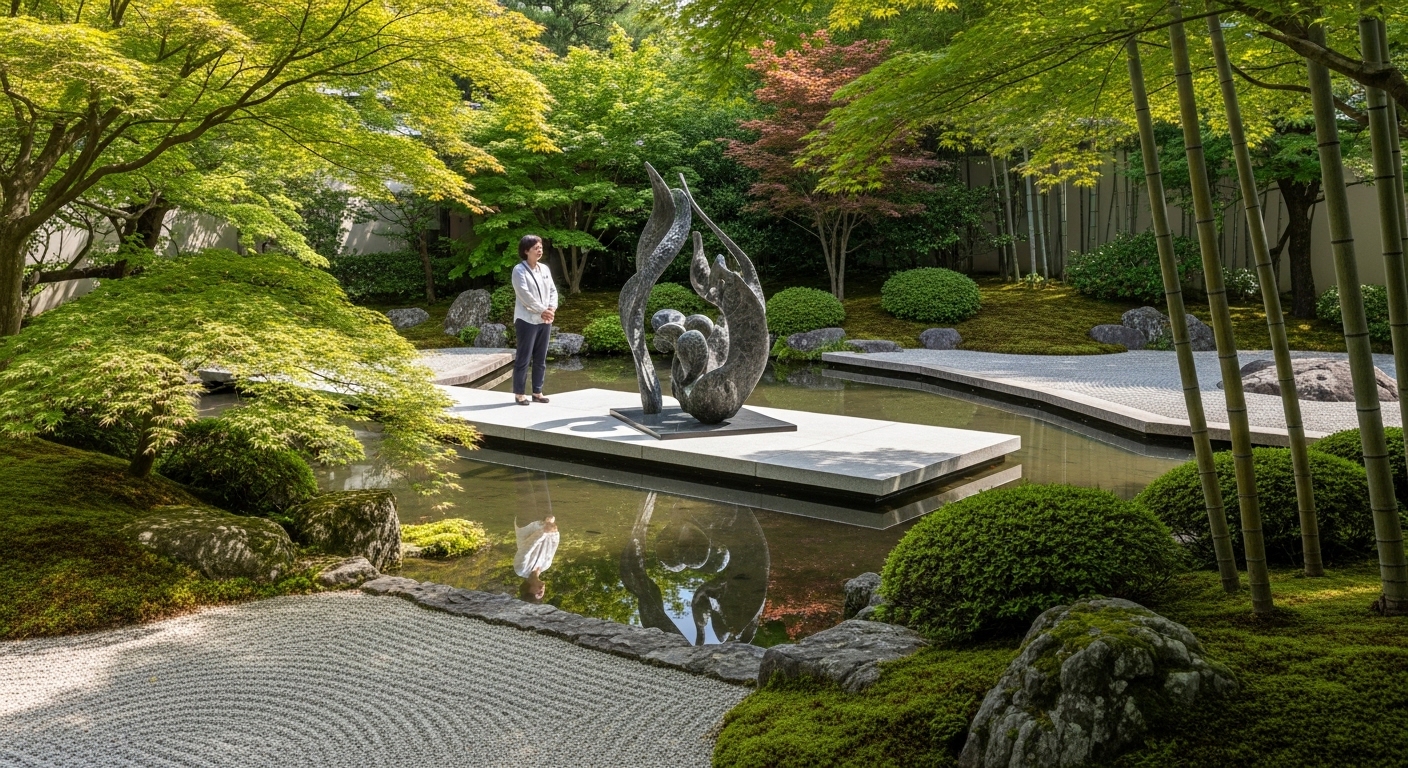三重県の自然豊かな庭園でアート作品を鑑賞し、感性を磨く旅を楽しむ日本人の風景。