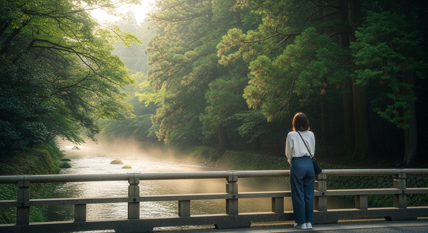 五十鈴川の清流を眺めてリラックスする、三重県の心が整う旅の象徴的な風景。