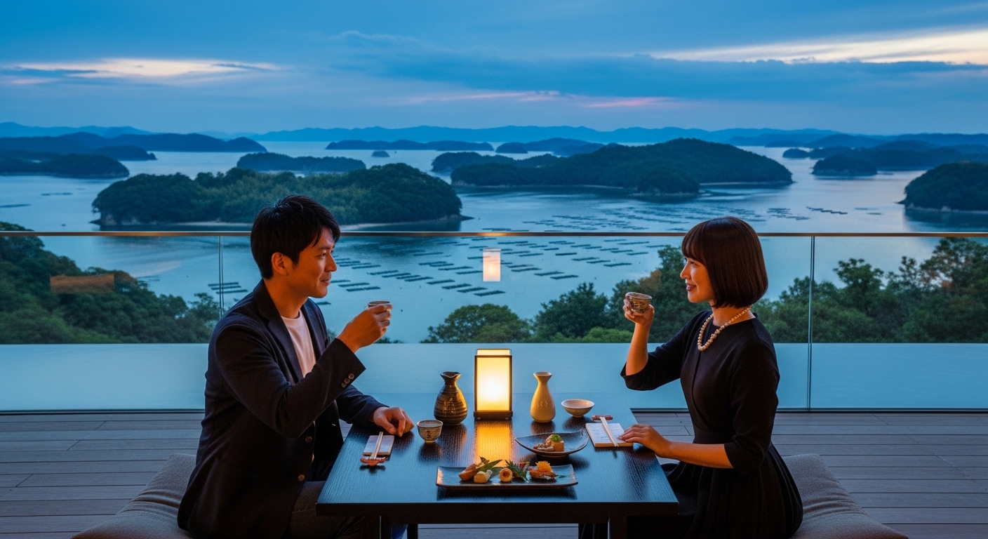 英虞湾の夕景を眺めながら贅沢な時間を過ごす、三重県の大人の週末旅のイメージ。