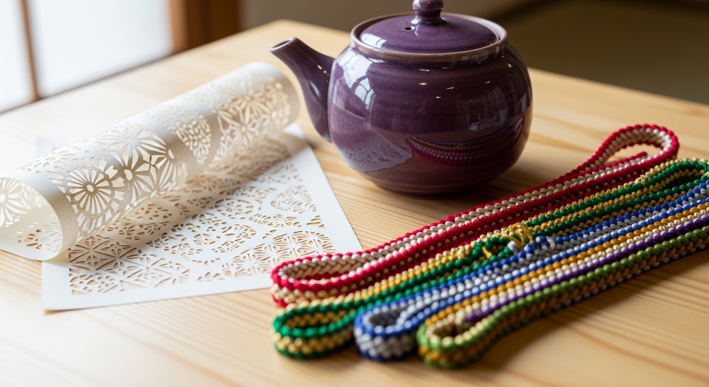 伊勢形紙、萬古焼、伊賀くみひもなど、三重県の伝統工芸一覧を象徴する美しい工芸品の数々。