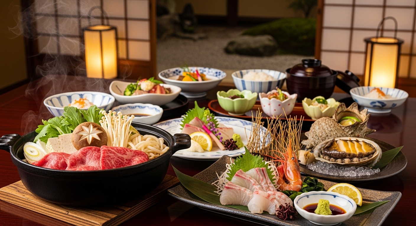 松阪牛や伊勢海老など、三重県の食材を活かした料理が並ぶ贅沢な和食の御膳。