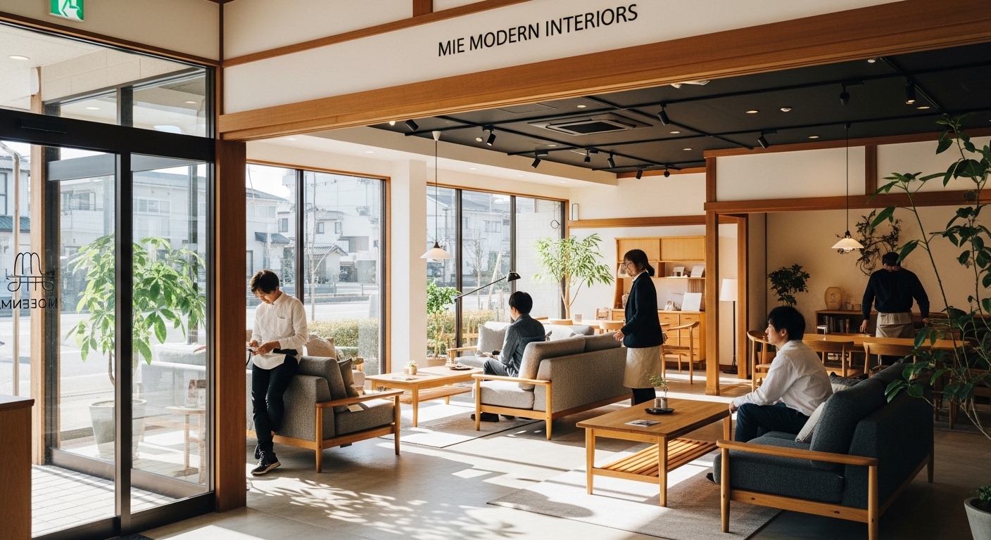 三重県のインテリアショップで見つけることができる、自然光が差し込む明るい空間と高品質な木製家具。