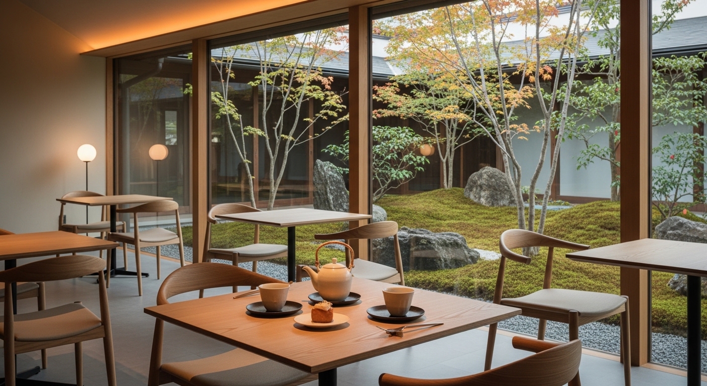 洗練されたインテリアと窓から見える美しい庭園が魅力的な、三重県のセンスのいいお店のイメージ。