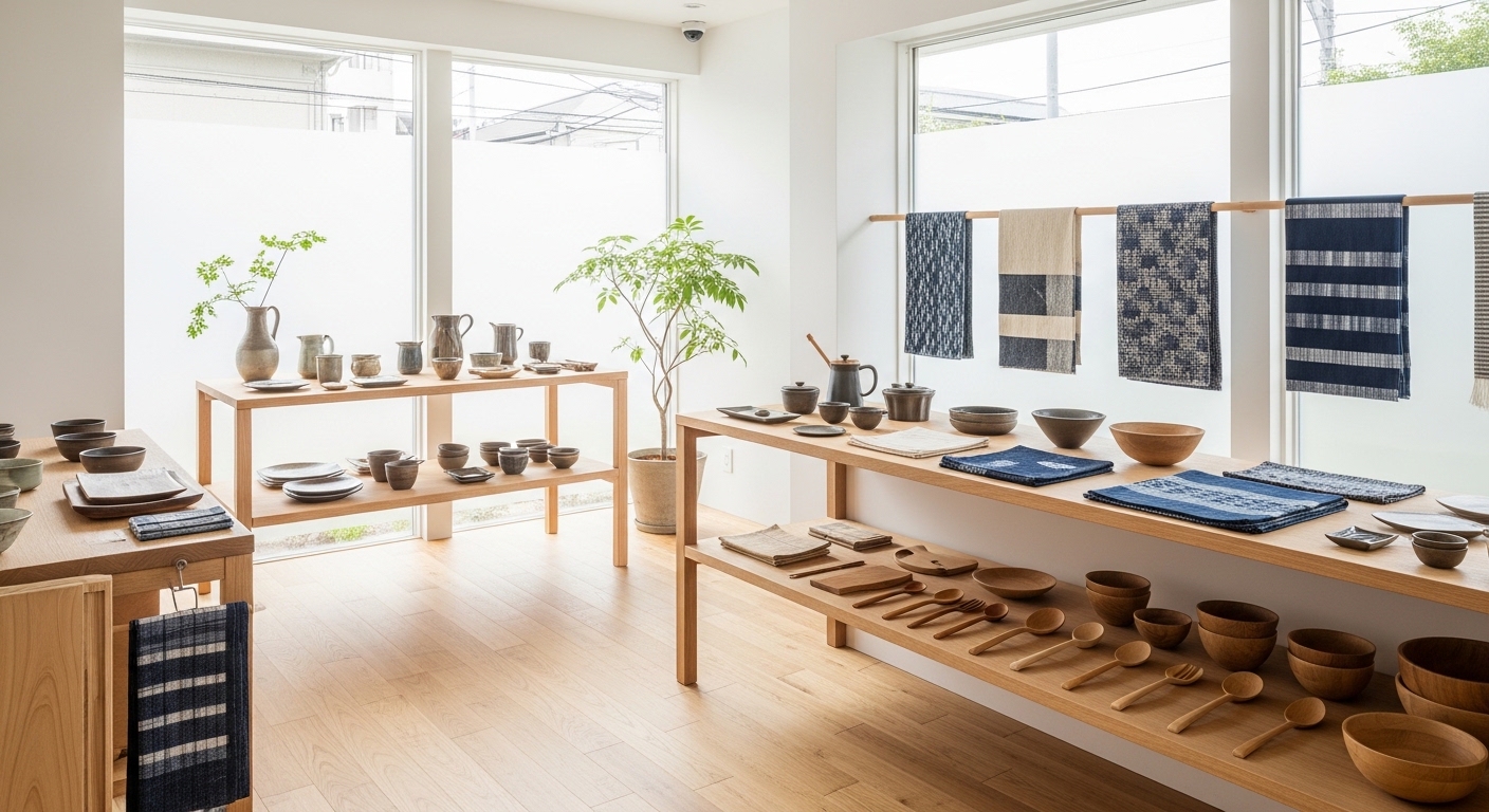 三重県のライフスタイルショップで見つけた、伊勢木綿や萬古焼の器が美しく並ぶ洗練された店内の様子。