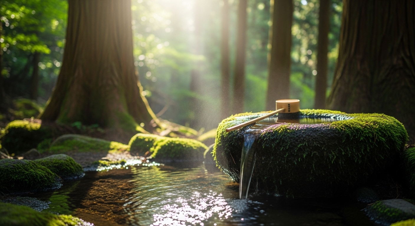 三重県の名水百選をイメージした、緑豊かな森の中に湧き出る清らかな水場。