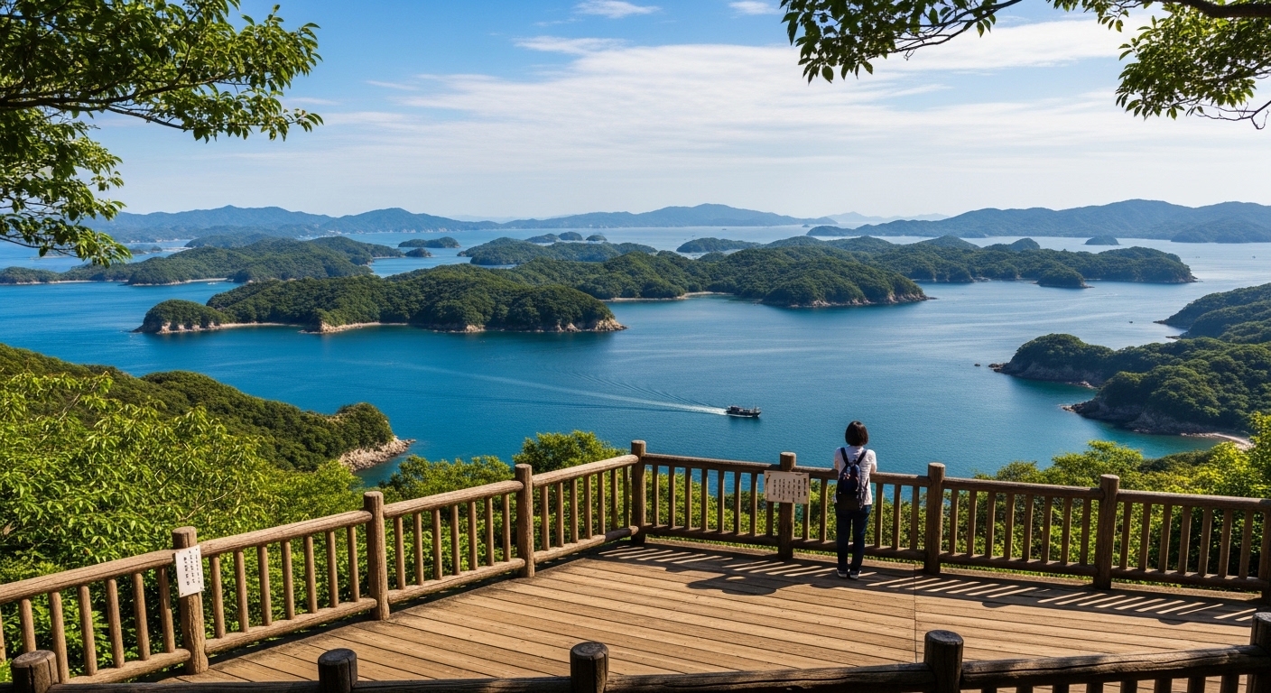三重県の海が見える場所として人気の横山展望台から望む、英虞湾のリアス式海岸と青い海の絶景。
