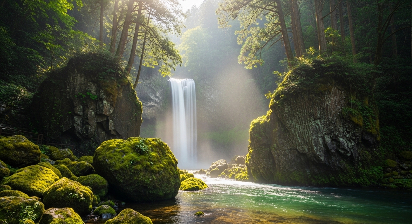 三重県の滝巡りを象徴する、深い森の中で朝日を浴びて輝く神秘的な名瀑。