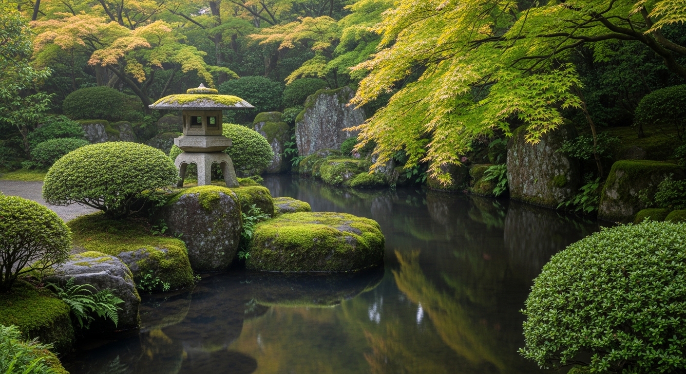 三重県の静かな観光地をイメージした、苔むした岩と美しい緑に包まれた静謐な日本庭園の風景。