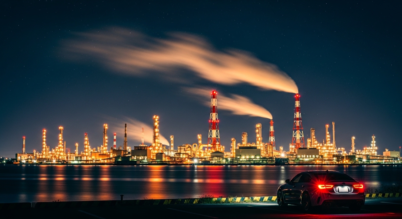 車で行く四日市コンビナートの夜景を楽しむための、光り輝く工場地帯と駐車スポットの風景。