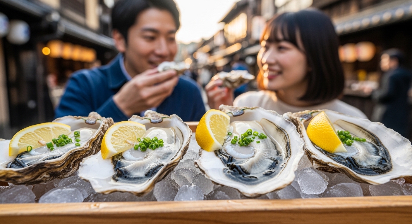 伊勢で生牡蠣食べ歩きを楽しむ様子とレモンを添えた新鮮な生牡蠣。