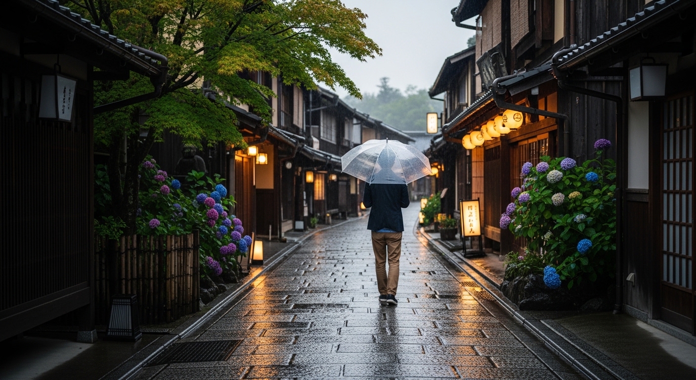 雨の日の情緒あふれるおかげ横丁を傘をさして歩く、おかげ横丁の雨の日の楽しみ方。