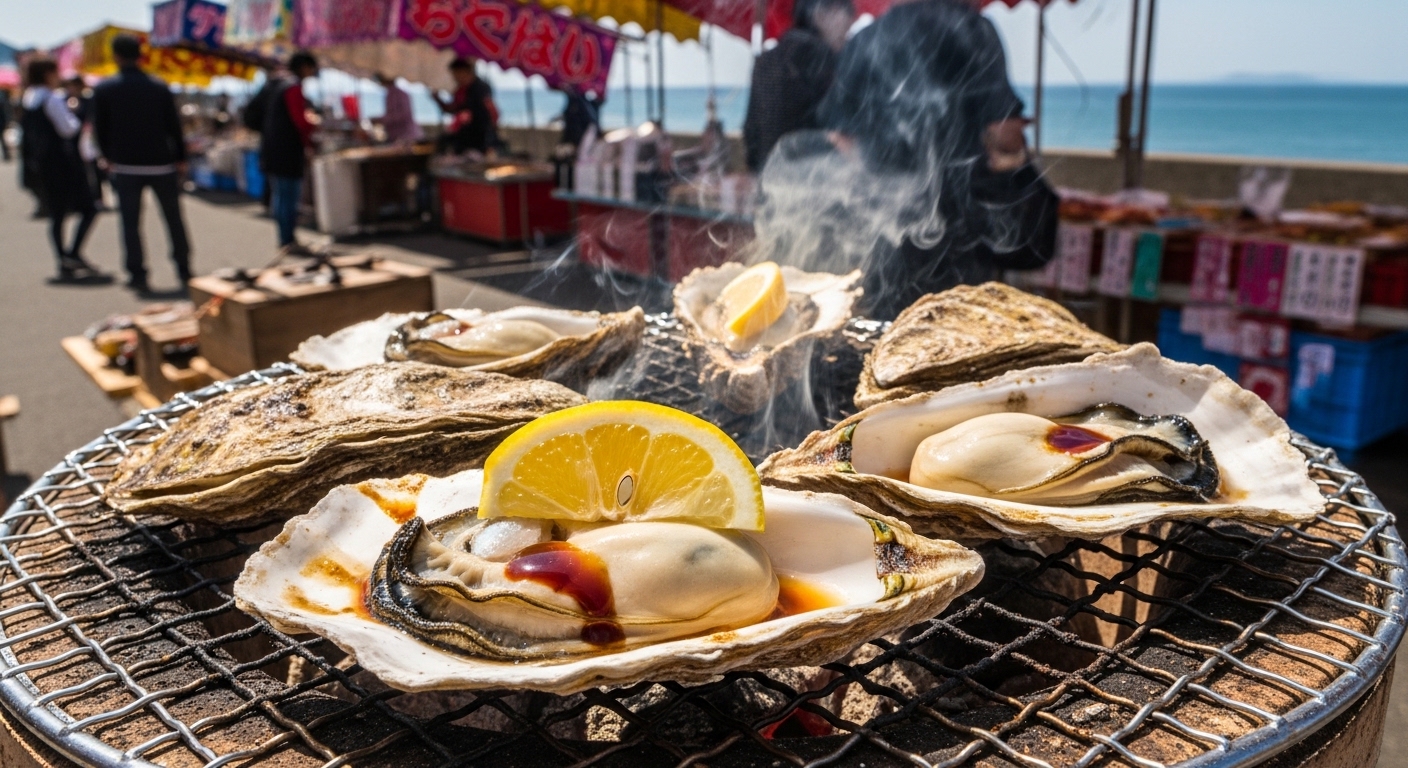 三重県で牡蠣食べ歩きを楽しむ際の、網の上で焼かれるジューシーな焼き牡蠣。