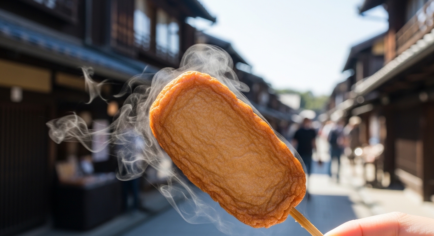 伊勢のかまぼこ食べ歩きを楽しむ、おはらい町の街並みを背景にした揚げかまぼこの串。