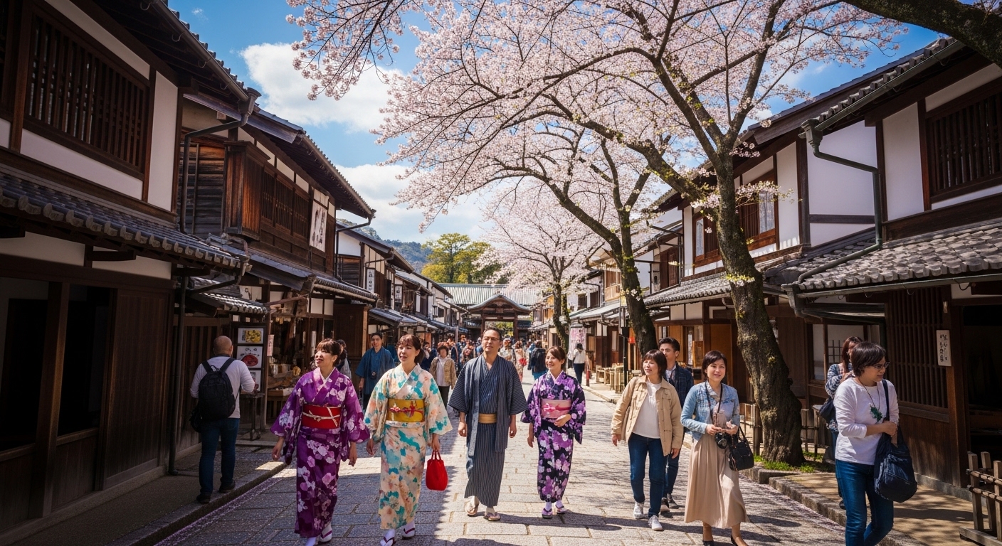 大阪から伊勢の日帰り旅行を楽しむ人々とおかげ横丁の賑やかな風景