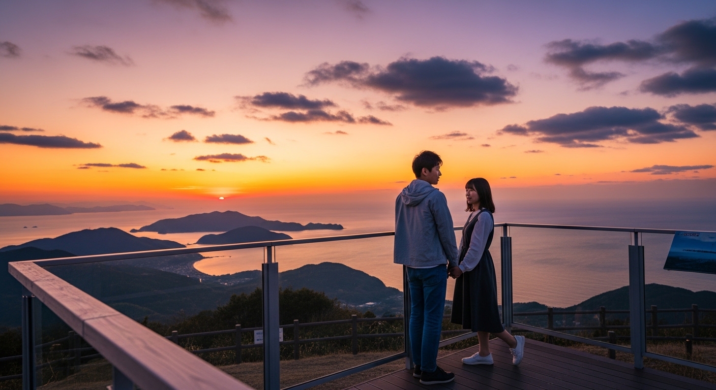 夕焼けの絶景を見下ろす展望台で手をつなぐ日本人カップル、三重県の告白スポット。