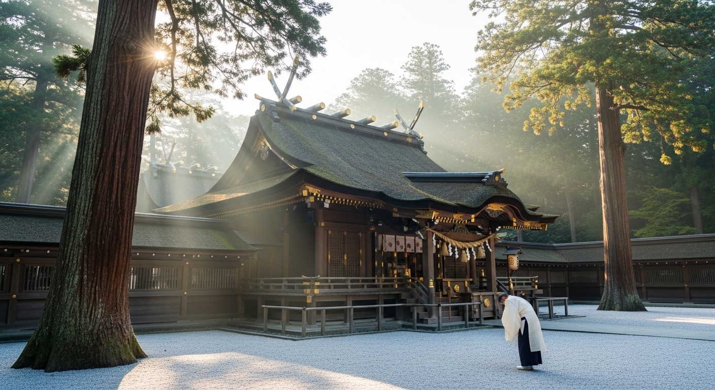 伊勢神宮の正宮で静かに祈りを捧げる参拝客と、伊勢神宮でしてはダメな願い事の解説。
