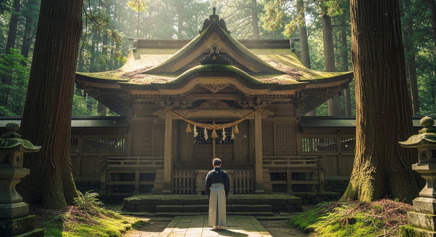 深い森に囲まれた伊勢神宮・内宮の別宮で、荒祭宮でしていい願い事を行う参拝者の様子。