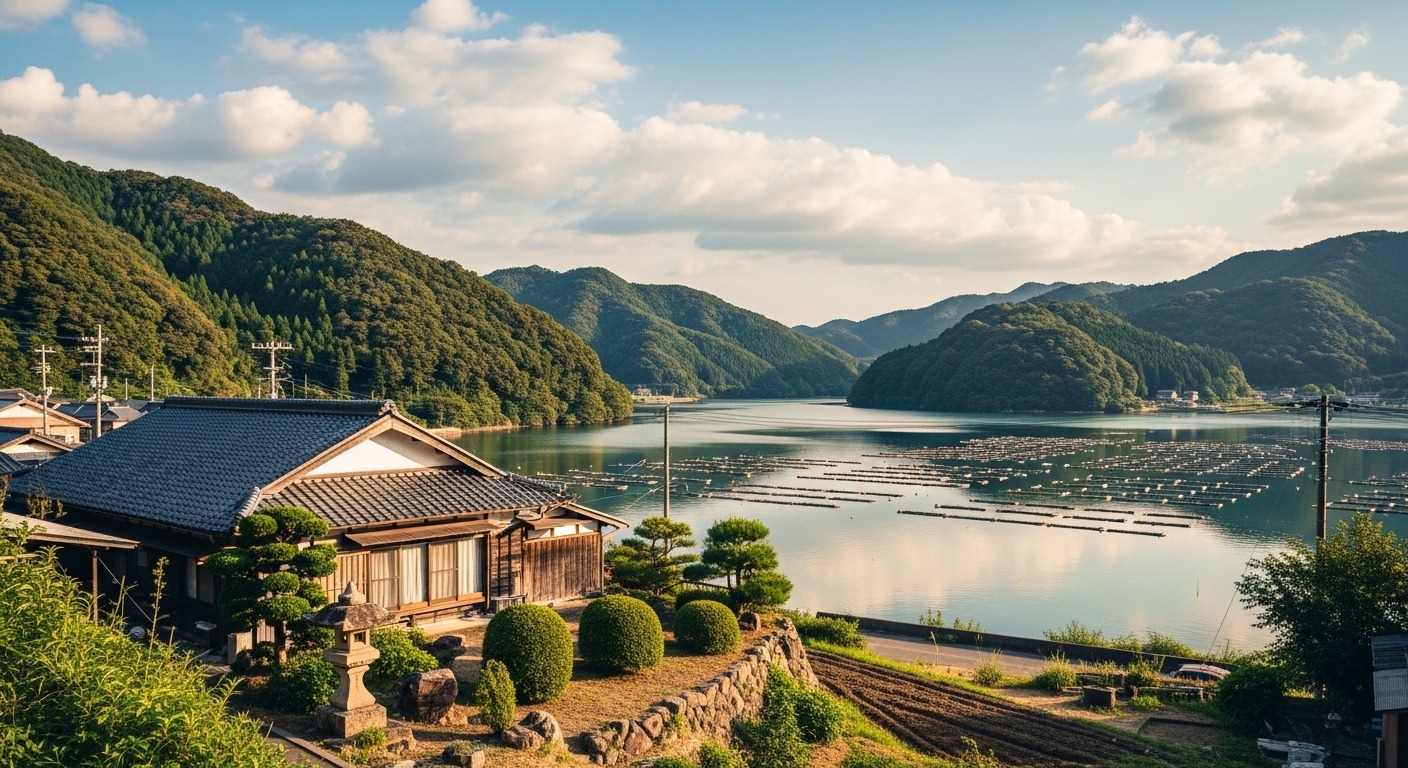 三重県の田舎暮らしをイメージした、志摩の穏やかな海と真珠筏が見える伝統的な家屋の風景。
